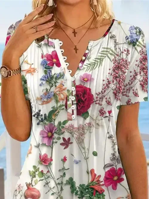 Women's Floral Printed Short Sleeve V-neck Top