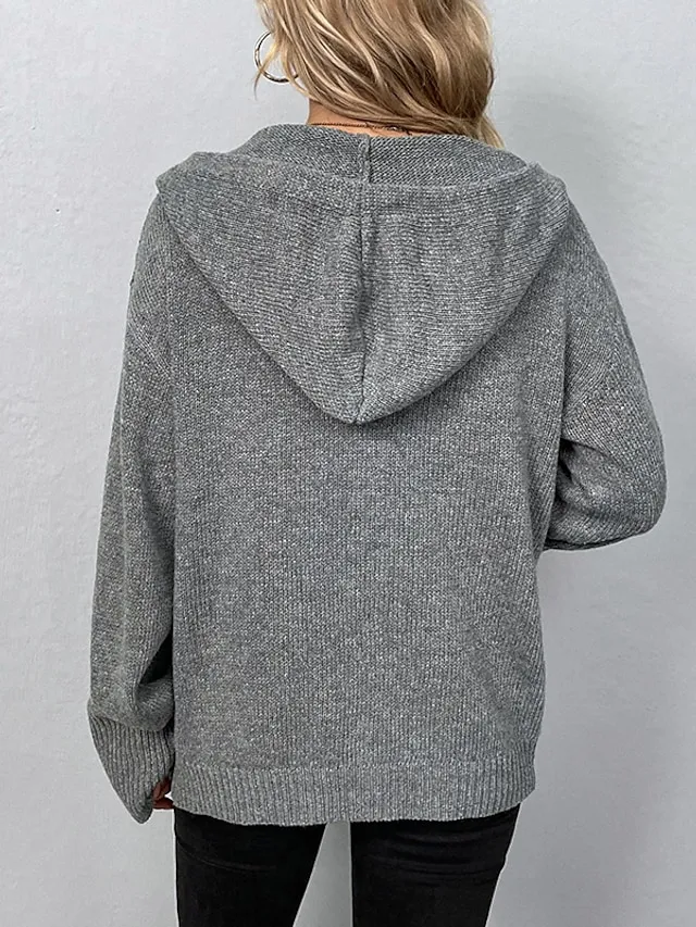 Women's Cardigan Sweater Hooded Crochet Knit Polyester Button Knitted Hooded Fall Winter Tunic Daily Holiday Date Stylish Casual Soft Long Sleeve Solid Color Black White Gray S M L