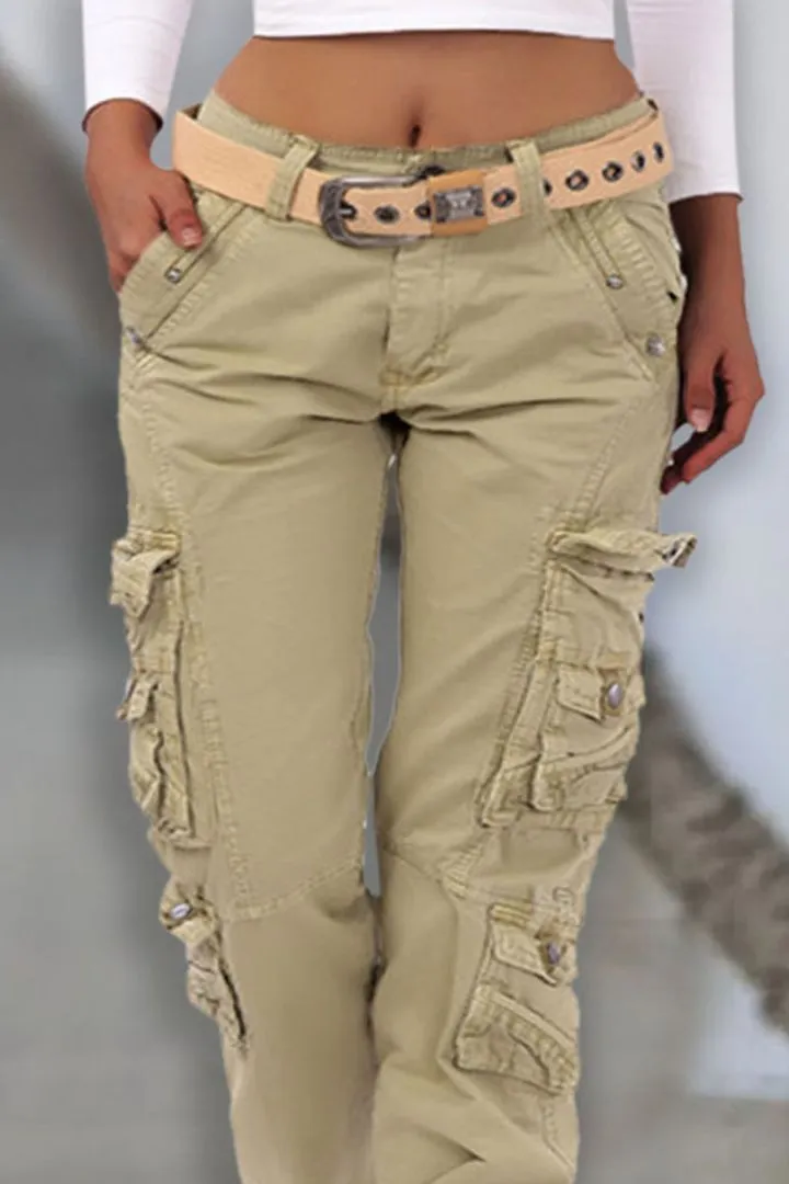 Drawstring Hem Flap Pocket Cargo Pants Without Belt