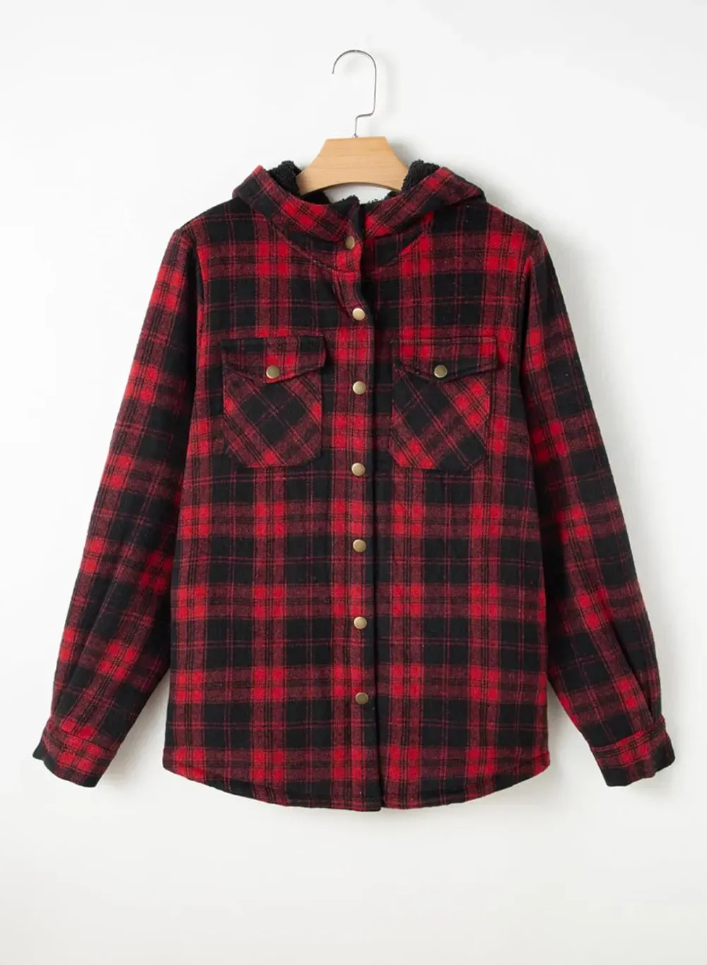 Womens Plaid Shacket Jacket Long Sleeve Button Down Fleece Hooded Jackets Warm Coat