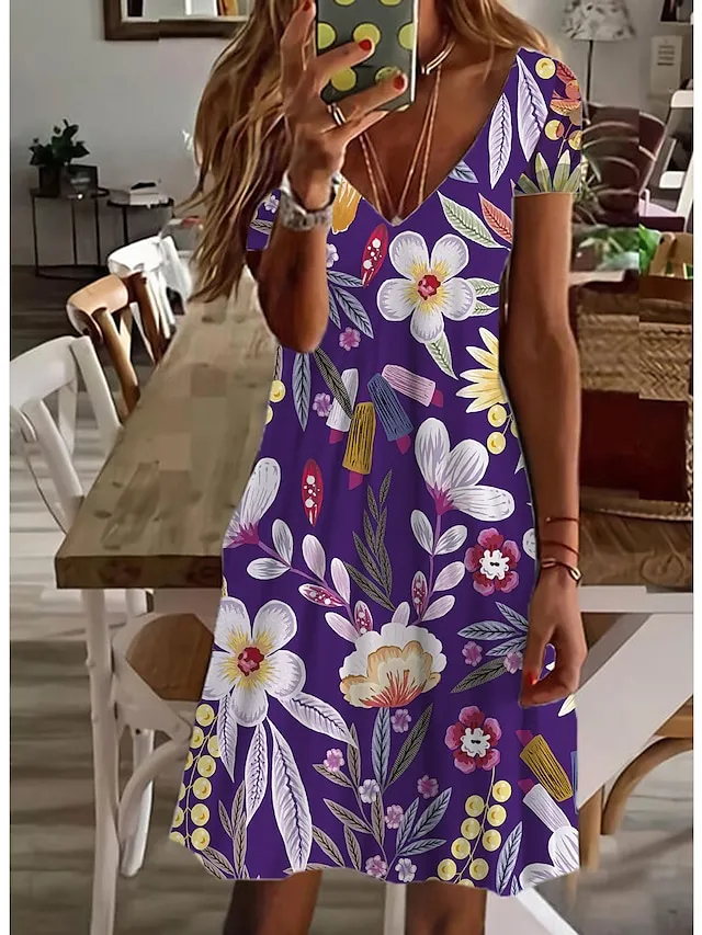 Women's Casual Dress T Shirt Dress Tee Dress Midi Dress White Short Sleeve Floral Print Fall Spring Summer V Neck Basic Daily Vacation 2023 S M L XL XXL 3XL