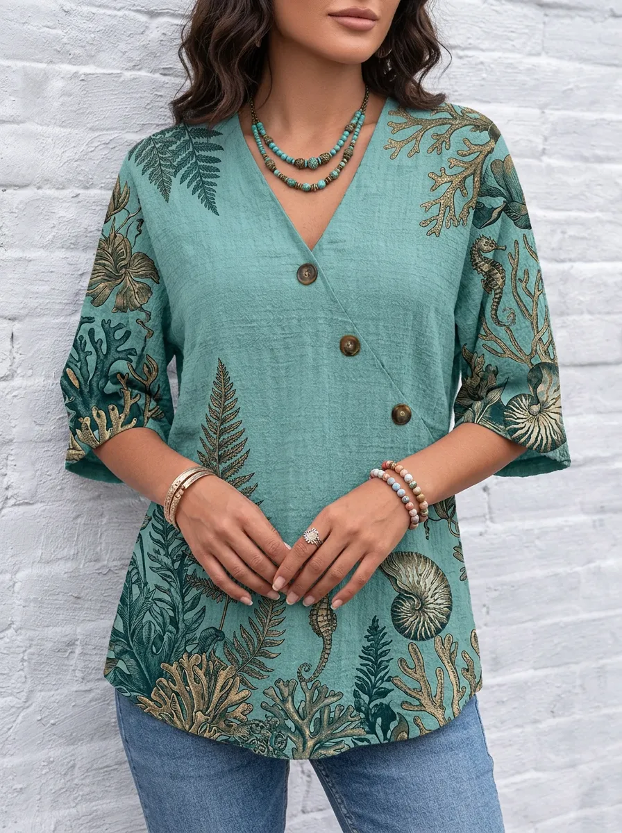 Women's Nashville Sea Life Coral Fern Printed V-neck Top