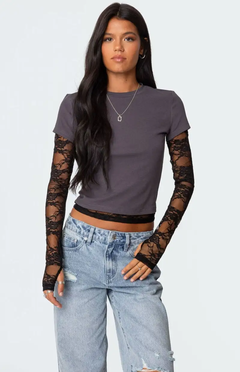 Edikted Layered Lace Sleeve T-Shirt