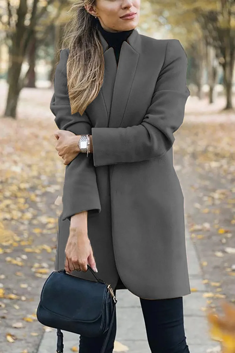 Solid standing collar slim long faux woolen coat