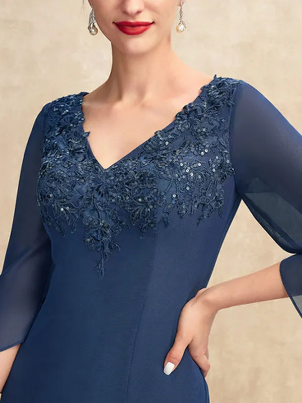 V-neck Ankle-Length Chiffon Mother of the Bride Dress With Appliques Lace Sequins
