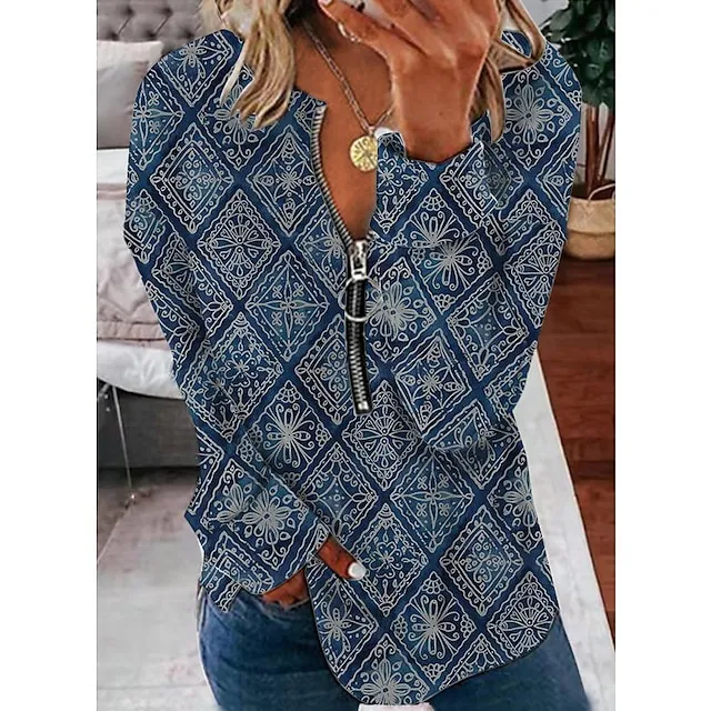 Women's Sweatshirt Pullover Active Vintage Streetwear Quarter Zip Print Black Yellow Red Floral Daily Sports V Neck Long Sleeve Without Lining Micro-elastic Fall & Winter