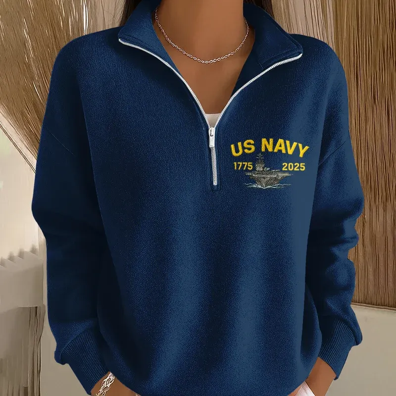 Women's Navy Print Casual Zip-Up Sweatshirt