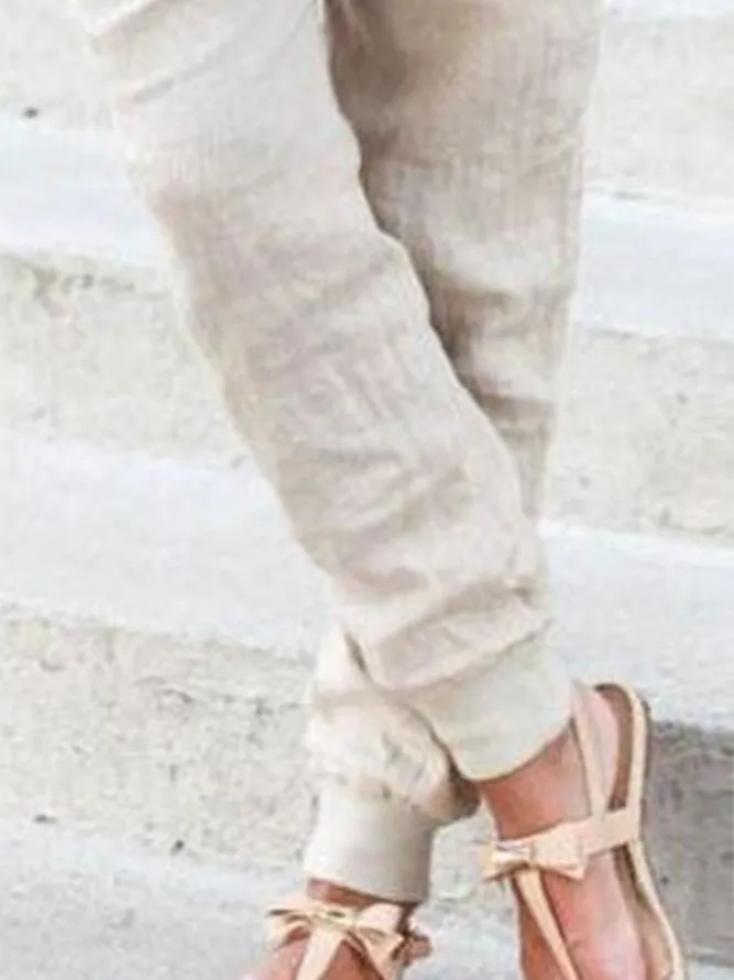 Solid Drastring Casual Linen Pants Women Trousers