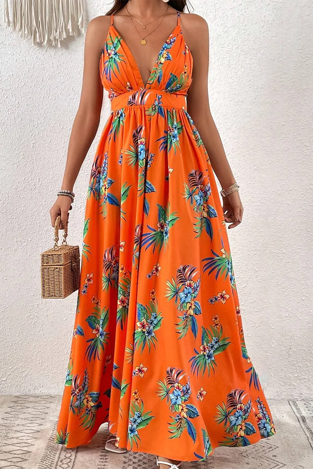 Women's Plant Printed Spaghetti Strap Dress