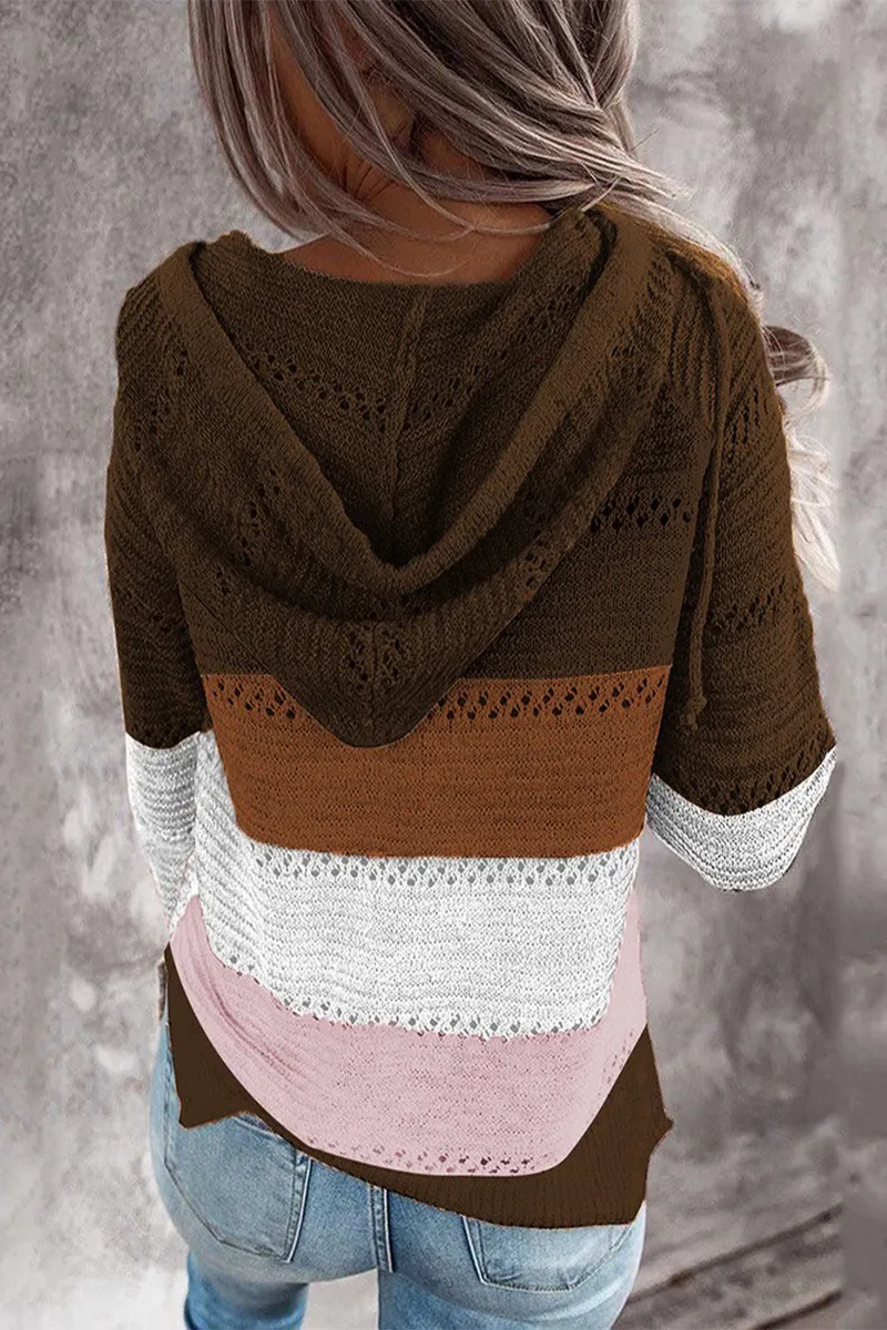 Striped & Leopard Patchwork V-Neck Hooded Sweater