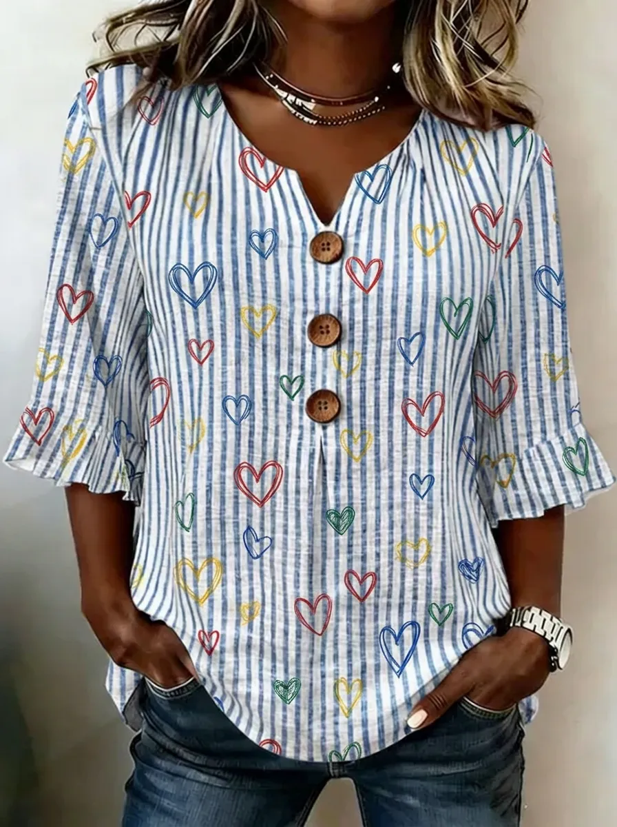 Women's Nashville Heart Lover Striped Pattern Printed V-neck Top