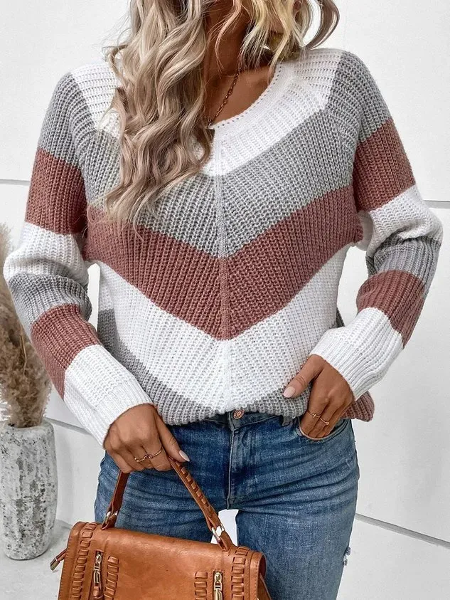 Women Yarn/Wool Yarn Color Block Long Sleeve Comfy Casual Sweater