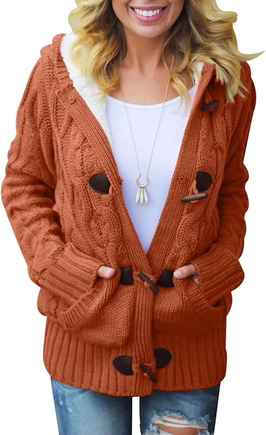 Womens Hooded Cardigans Button Up Cable Knit Sweater Coat Outerwear with Pockets