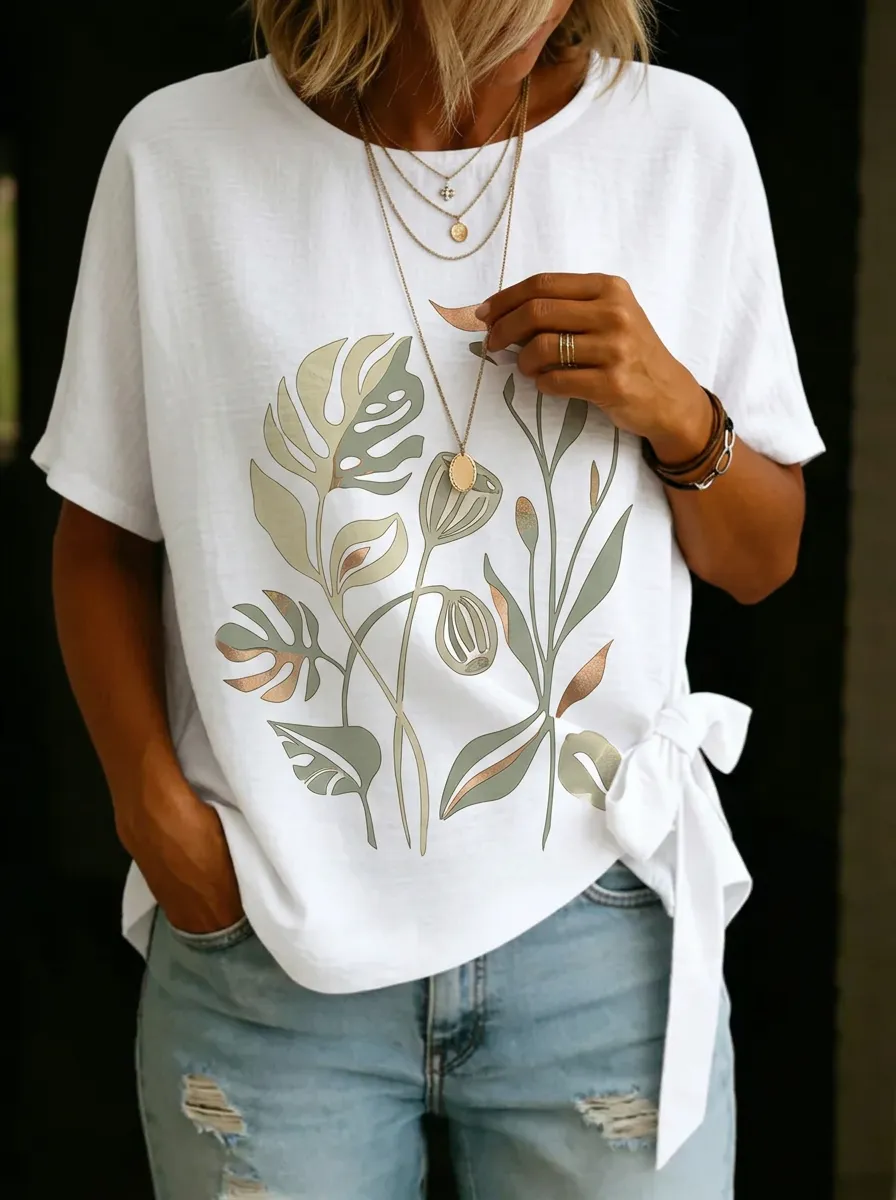 Women's Nashville Botanical Leaf Printed Tie-Side T-shirt