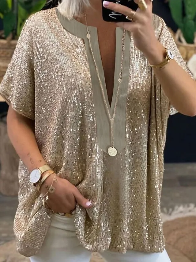 Women's Plus Size Shirt Blouse Silver Gold Plain Sparkly Sequins Half Sleeve Party Date Vacation Vintage Fashion Streetwear V Neck Regular Fit Summer Spring