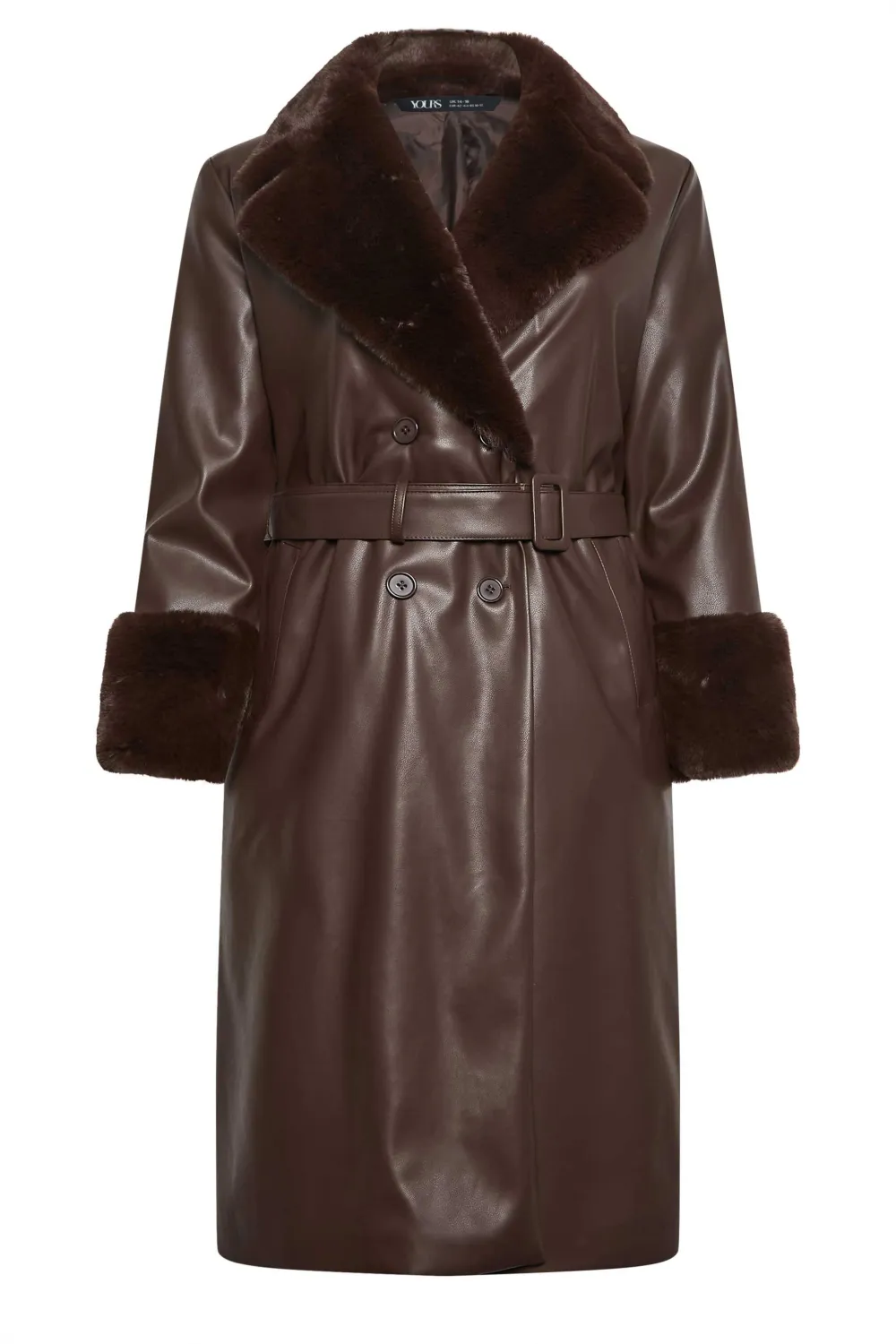 YOURS Curve Brown Faux Fur Trim Trench Coat