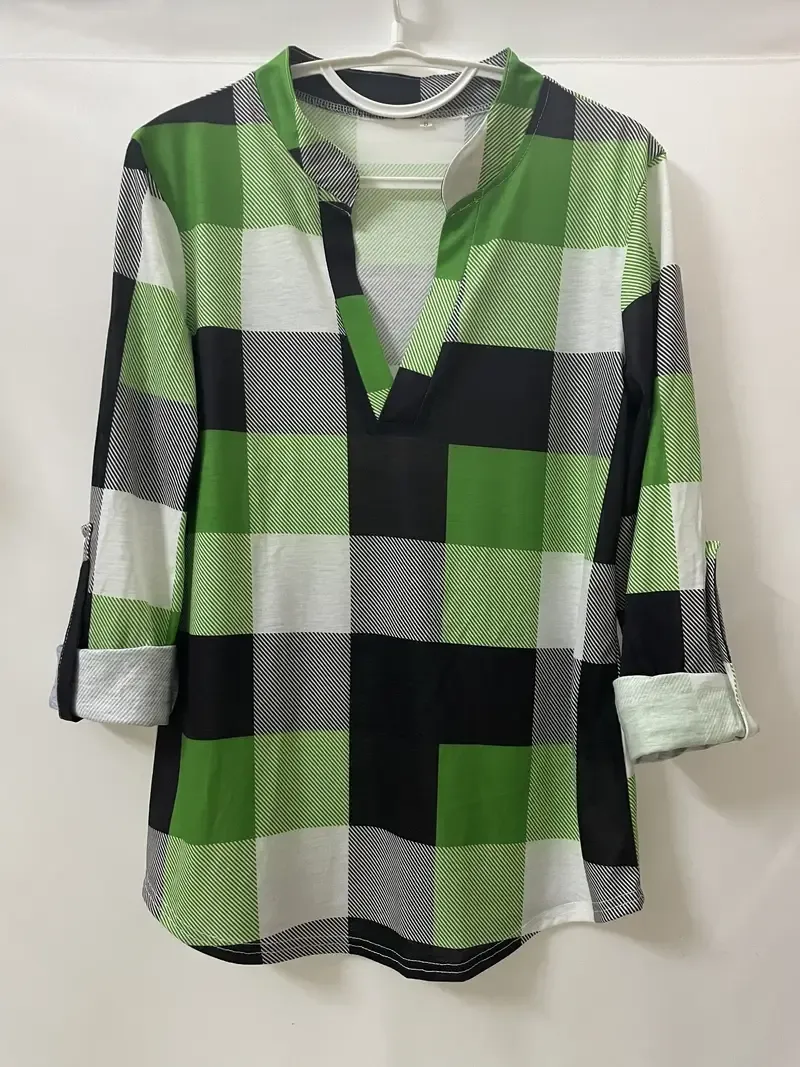 Casual Plaid Shirt, Long Sleeve V-neck Shirt, Casual Every Day Tops, Women's Clothing