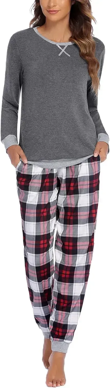 Women's Pajamas Sets Long Sleeve with Plaid Pants Soft Sleepwear O Neck 2 Piece Pjs Joggers Loung Set with Pockets