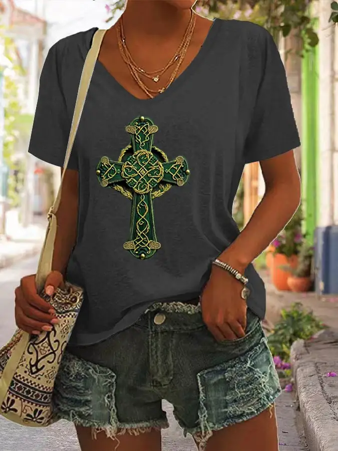 Women's St. Patrick's Day Shamrock Cross Art Print V-Neck T-Shirt
