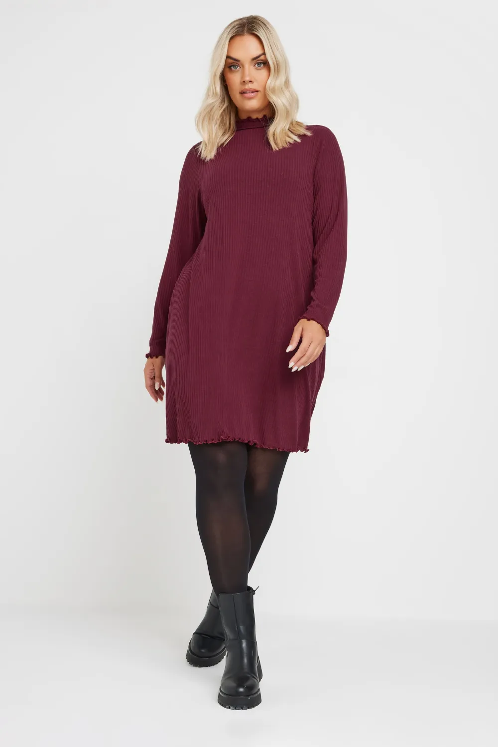 YOURS Curve Forest Green Ribbed Lettuce Hem Tunic Dress