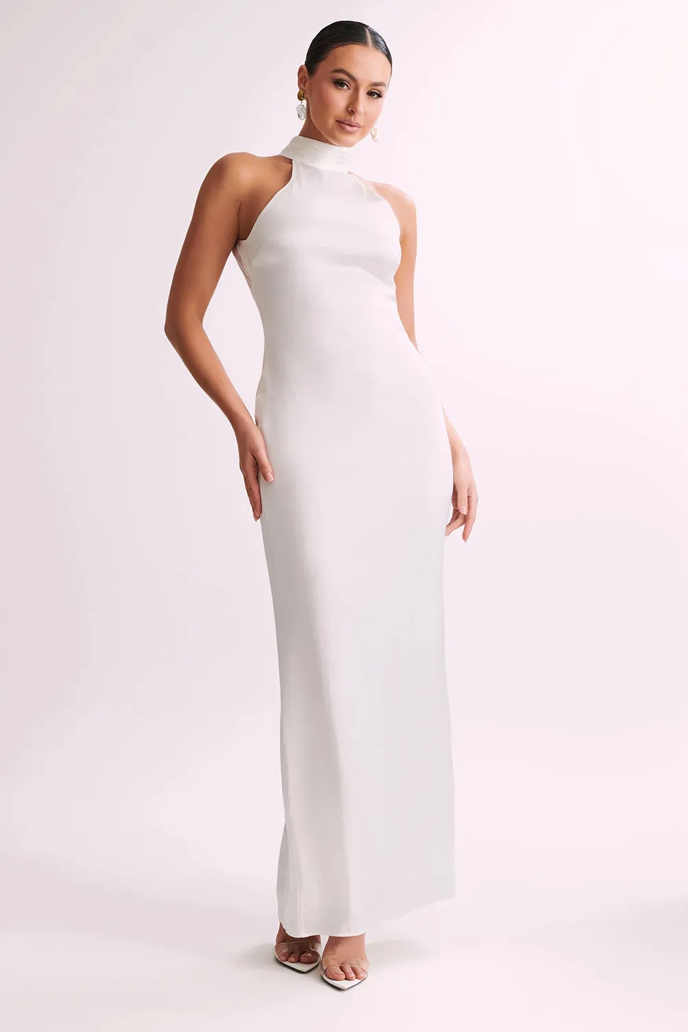 Satin Drape Back Maxi Dress with Split - Black