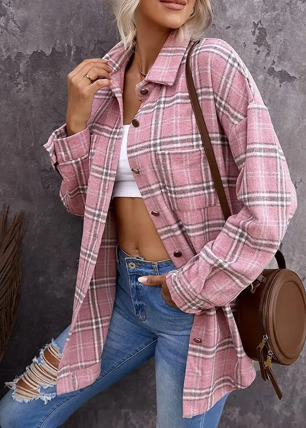 Women's 2023 Fall Clothes Plaid Shacket Jacket Long Sleeve Button Down Flannel Shirts Fashion Blouse