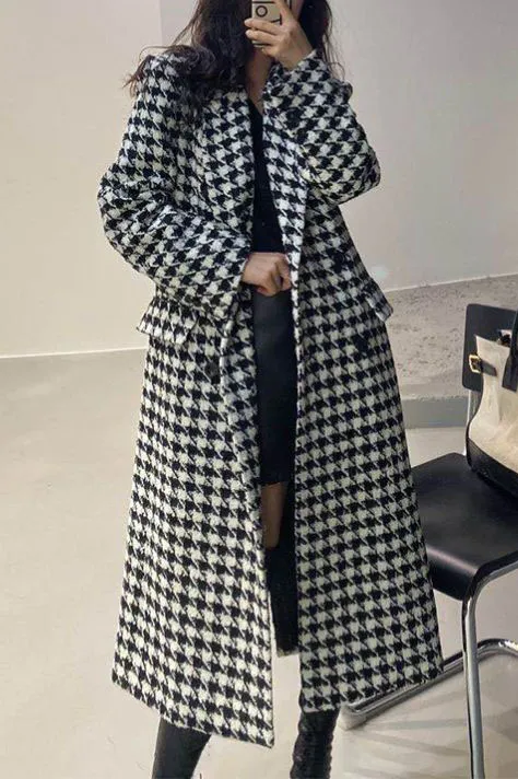 Classic Houndstooth Lapel Coat with Pockets