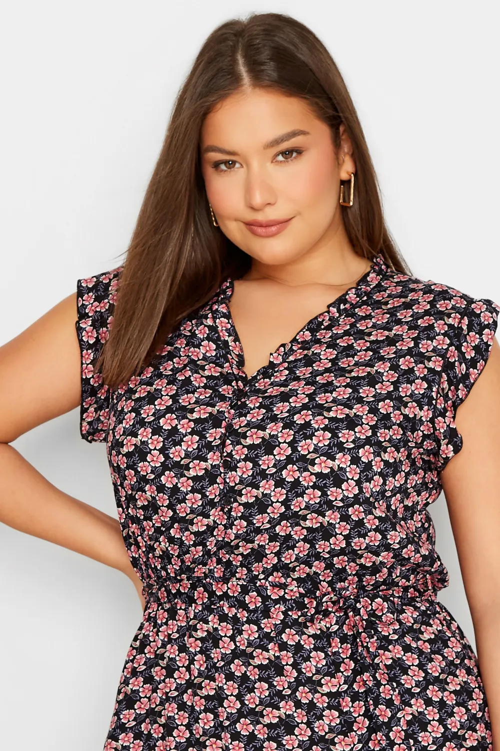 LTS Tall Black Ditsy Floral Frill Maxi Dress