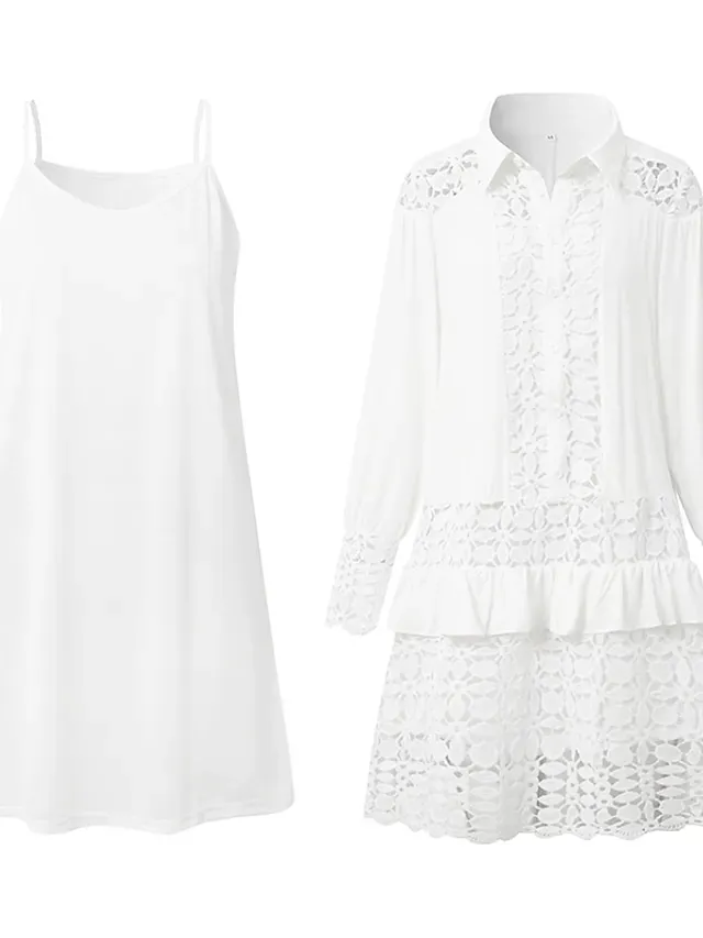 Women's Lace Shirt Dress Casual Dress Cotton Linen Dress Mini Dress