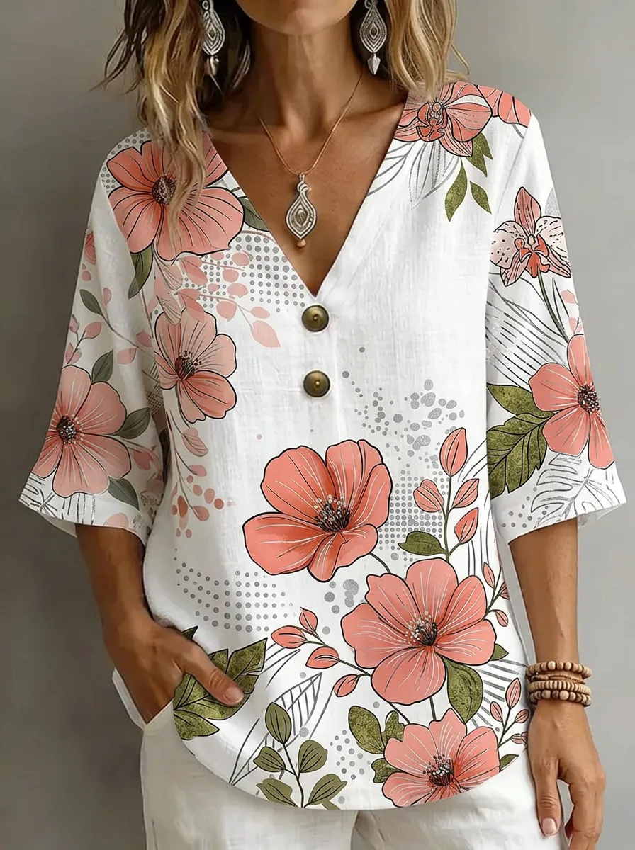 Women's Nashville Floral Botanical Printed V-Neck Button Top