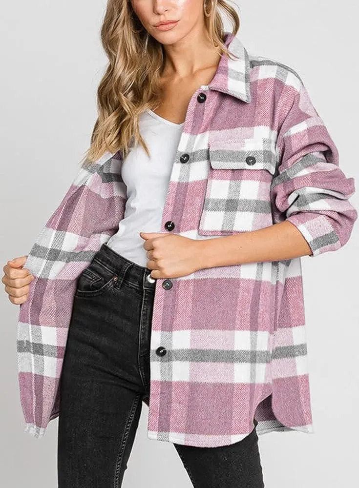 Women's Flannel Plaid Shacket Long Sleeve Button Down Chest Pocketed Shirts Jacket Coats