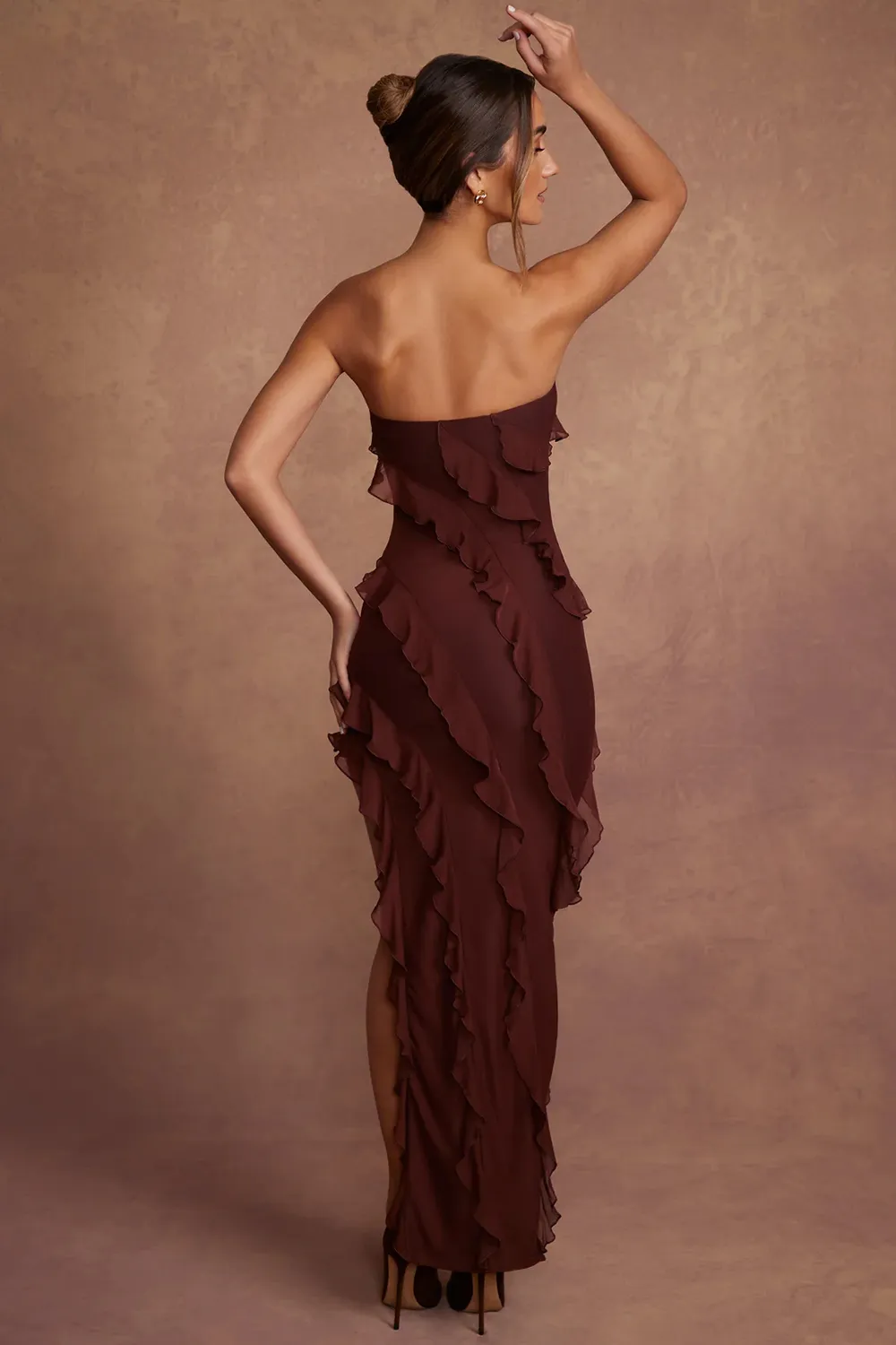 Bandeau Ruffle Detail Maxi Dress in Brown