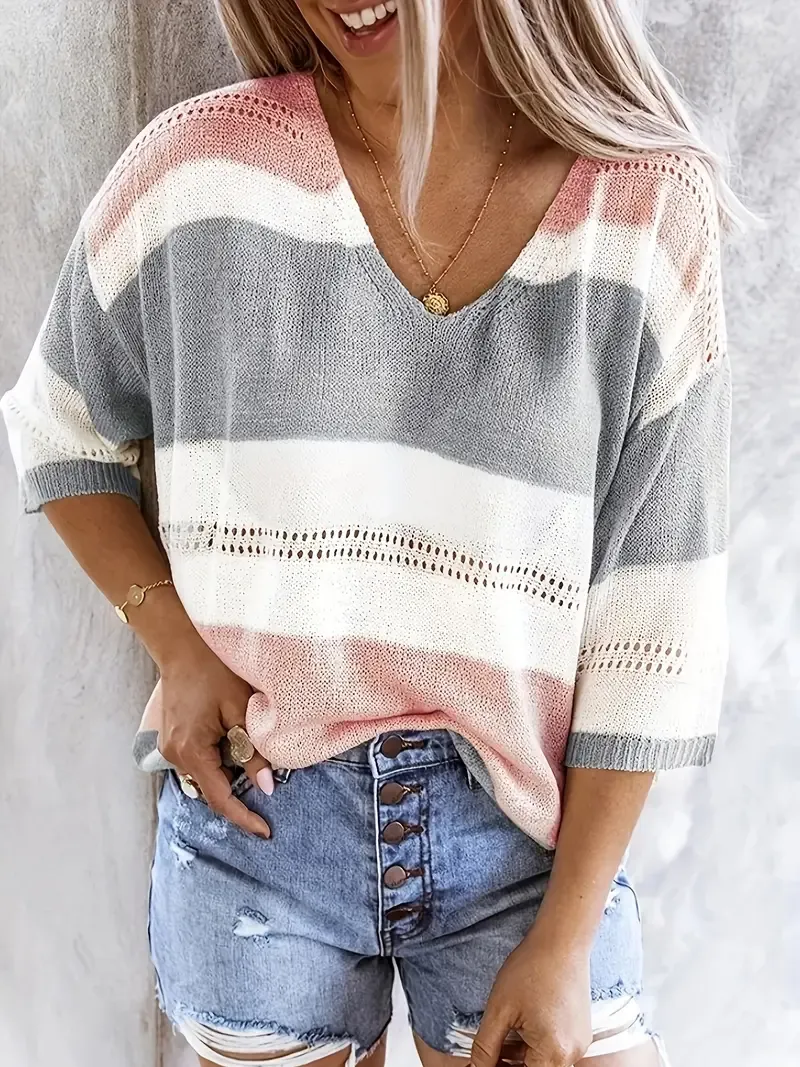 Women'S Casual Striped V-Neck Knit Top with Cut-Out Detail - Lightweight, Breathable, Perfect for Spring/Summer, Casual Attire|Striped Top|Vneck Top