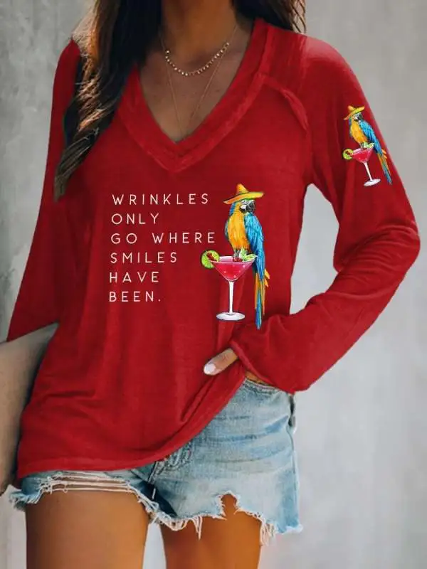 V-neck Retro Wrinkles Only Go Where Smiles Have Been Print T-Shirt