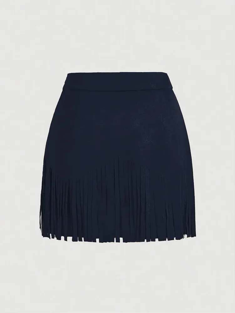 Women'S Vintage Hippie Rivet Fringe Brown Suede A-Line Skirt