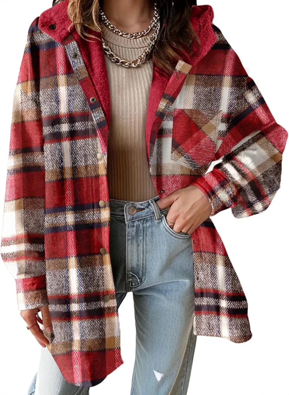 Women's Flannel Hooded Plaid 2025 Shacket Thick Coat Winter Coat for Warmth Button down Warm and Fuzzy Fleece Jacket