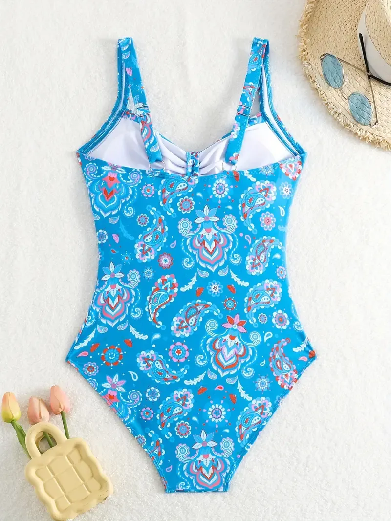 Sexy Paisley One-Piece Swimsuit for Women, High Stretch Knit Fabric with Removable Padding, V-Neck Ruched Bodice, Blue Floral Pattern, Polyester/Elastane Blend, Beachwear