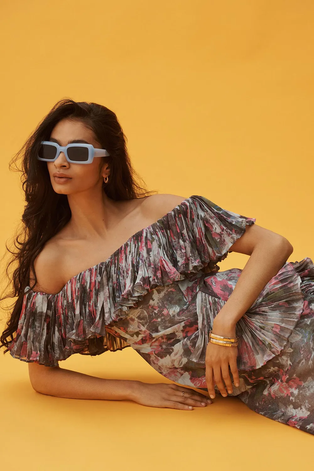 Hutch Off-The-Shoulder Ruffled Column Dress