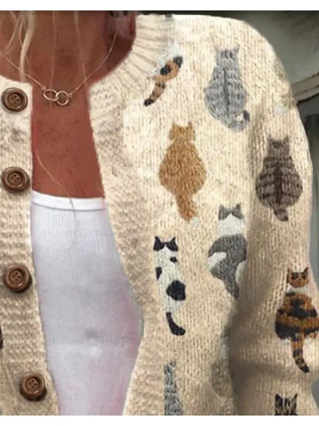 Women's Sweater Daily Graphic Crew Neck Print Long Sleeve Regular Tops Knit Weekend Pink Khaki Fall Winter