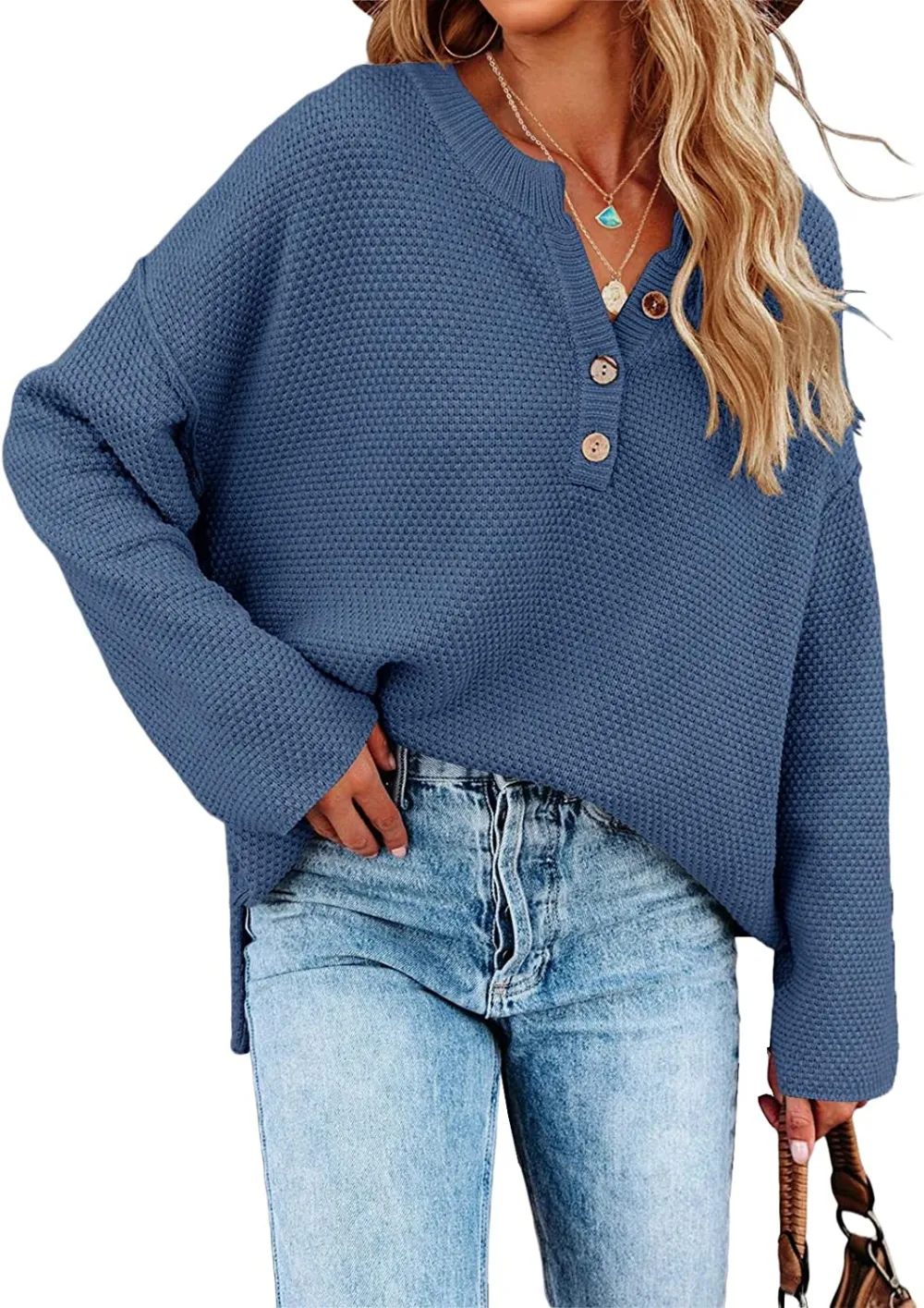 Women's Oversized Sweaters Batwing Long Sleeve Loose V Neck Button Henley Tops Pullover Knit Jumper