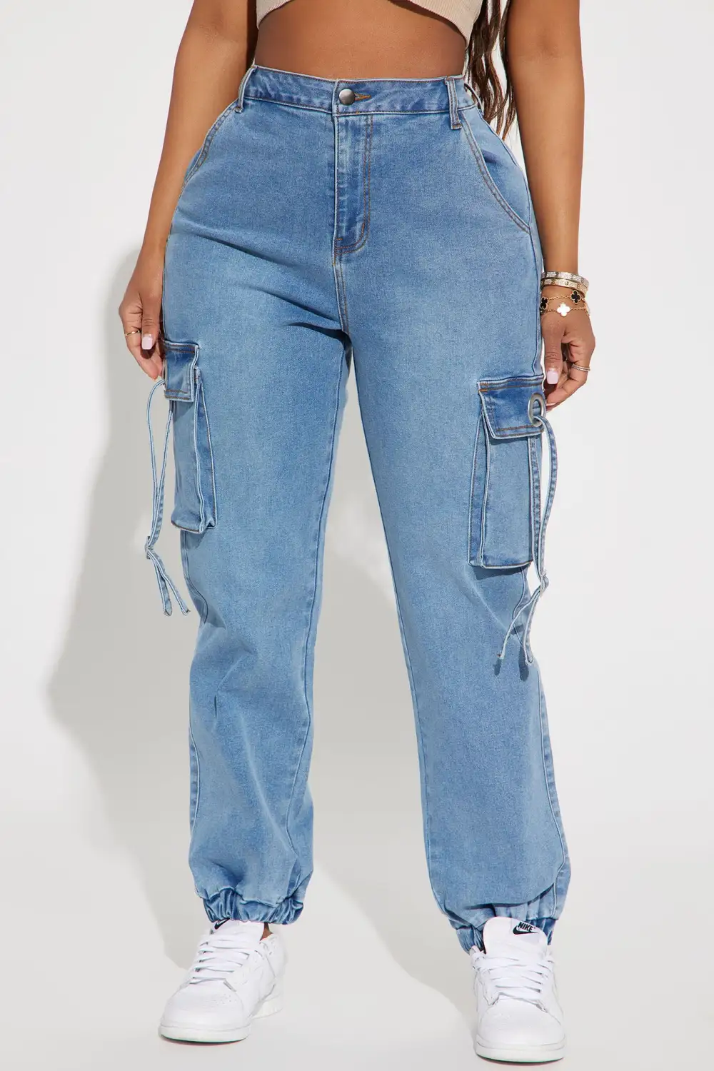 Stayin' Ready Stretch Cargo Denim Joggers - Medium Blue Wash