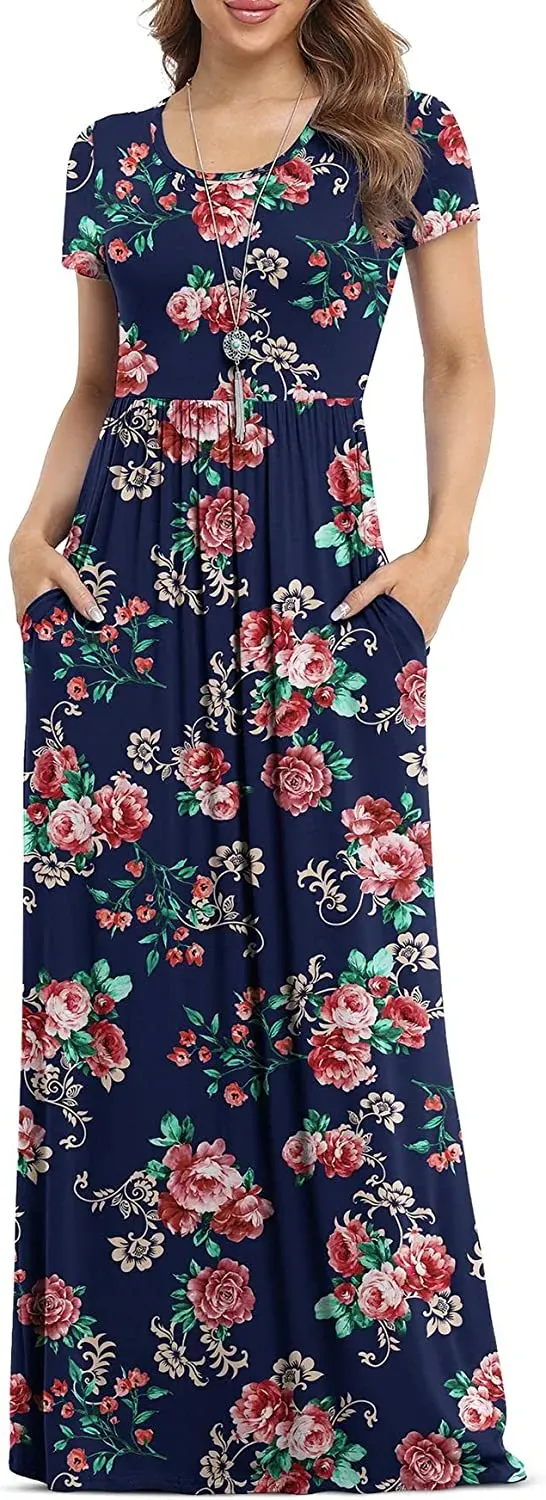 Women's Short Sleeve Loose Plain Maxi Dresses Casual Long Dresses with Pockets