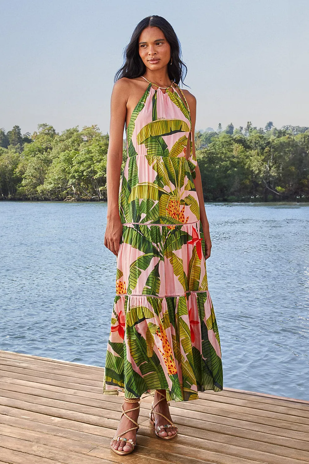 Pink Banana Leaves Sleeveless Maxi Dress