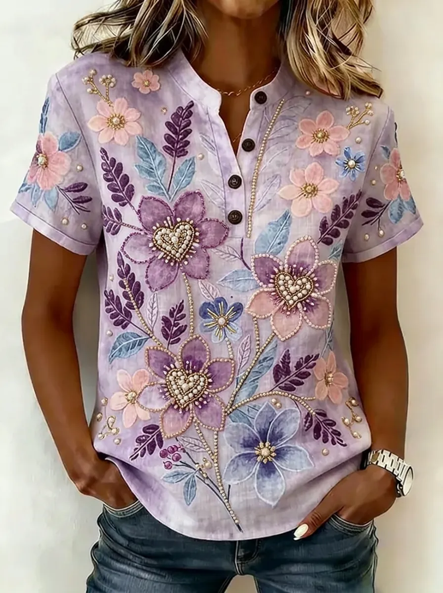 Women's Nashville Floral Pearl Printed Henley Shirt