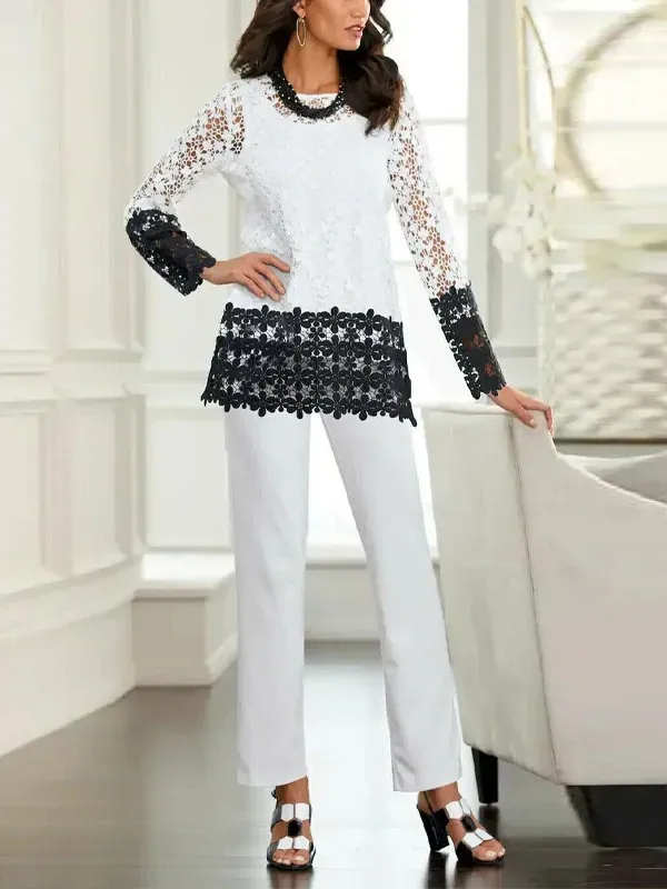 Round Neck Lace Contrast Top And Trousers Suit