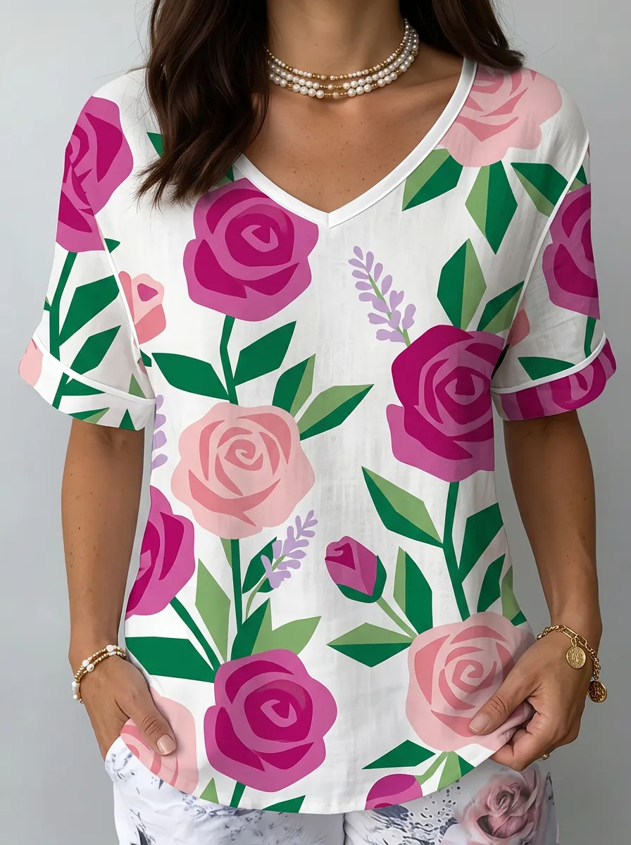 Women's Nashville Floral Rose Pattern Printed V-neck Top