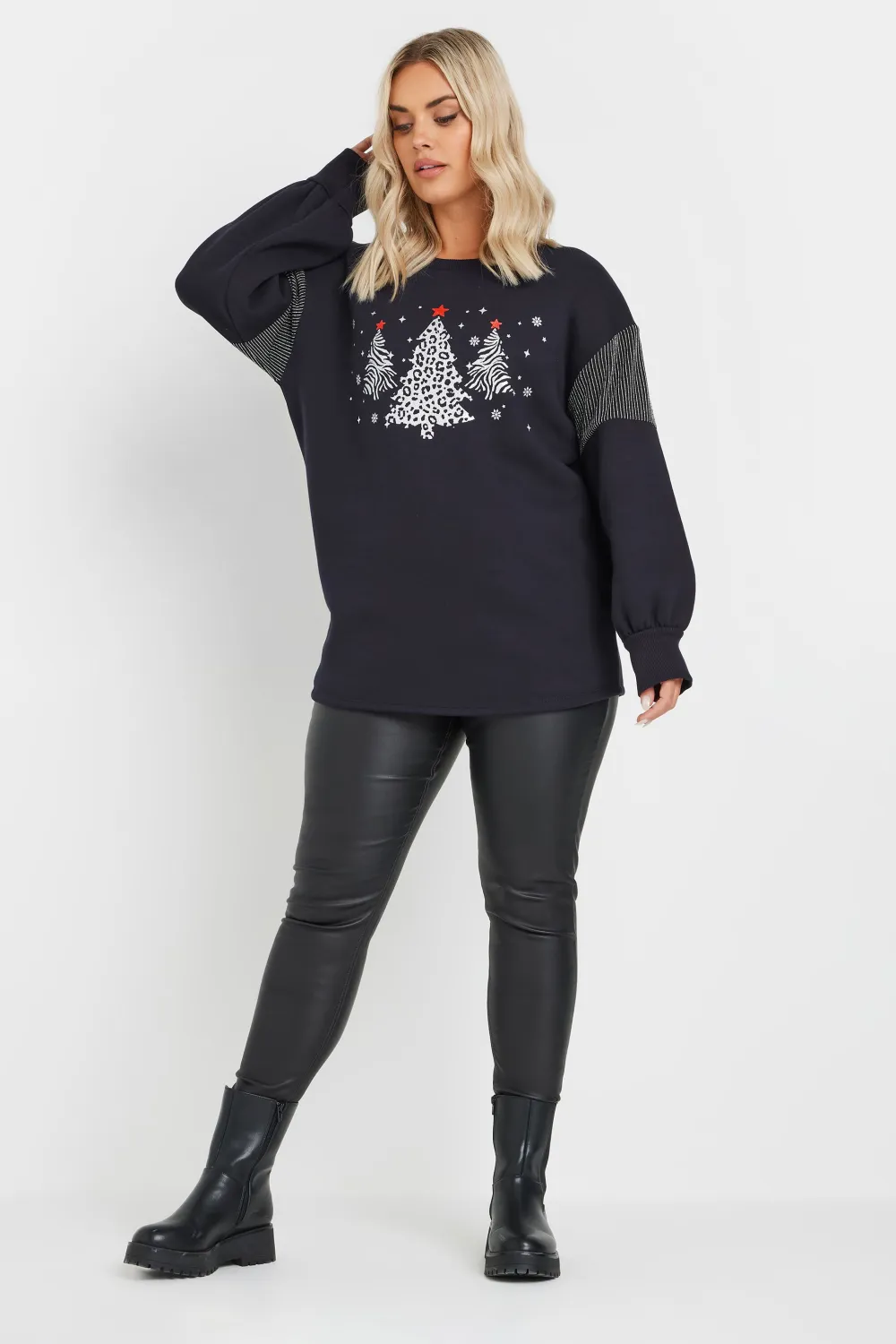 YOURS Curve Navy Blue Metallic Christmas Tree Sweatshirt
