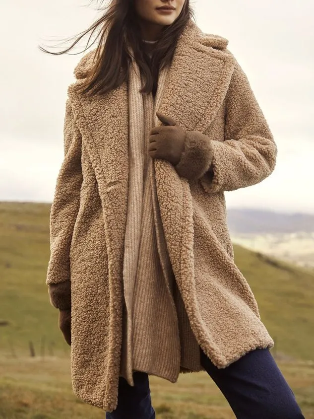 Casual Plain Shawl Collar Teddy Jacket