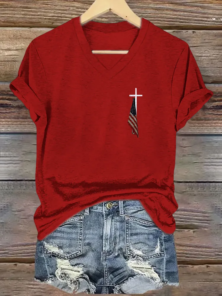 Women's  Faith And Flag Print Short Sleeve Round Neck Cotton T-Shirt