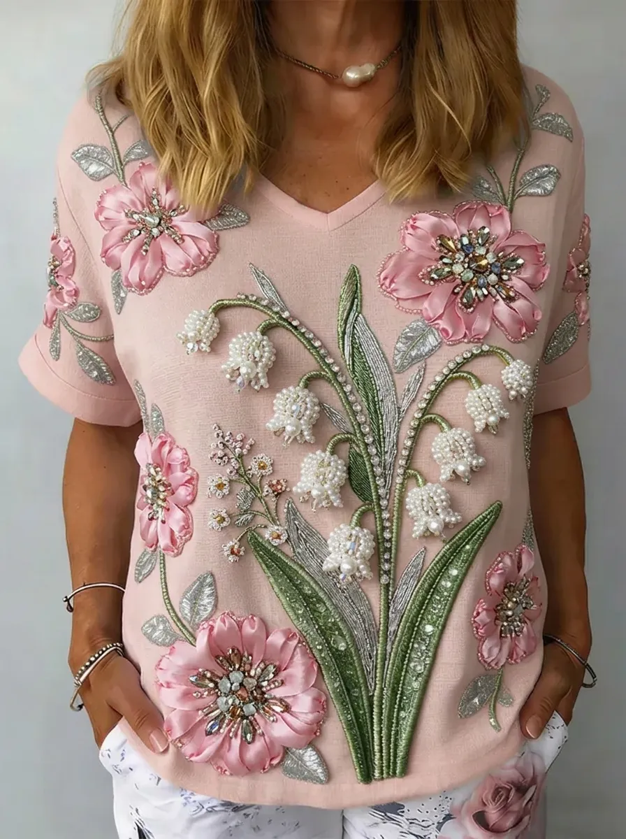 Women's Nashville Floral Lily of the Valley Beaded Printed Top